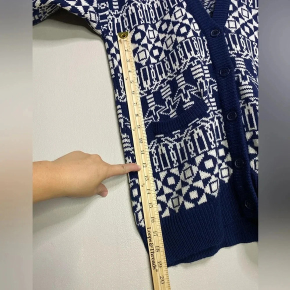 Vintage Navy Blue White Wool Blend Cardigan Sweater Size Large OUTLANDER - Picture 13 of 14